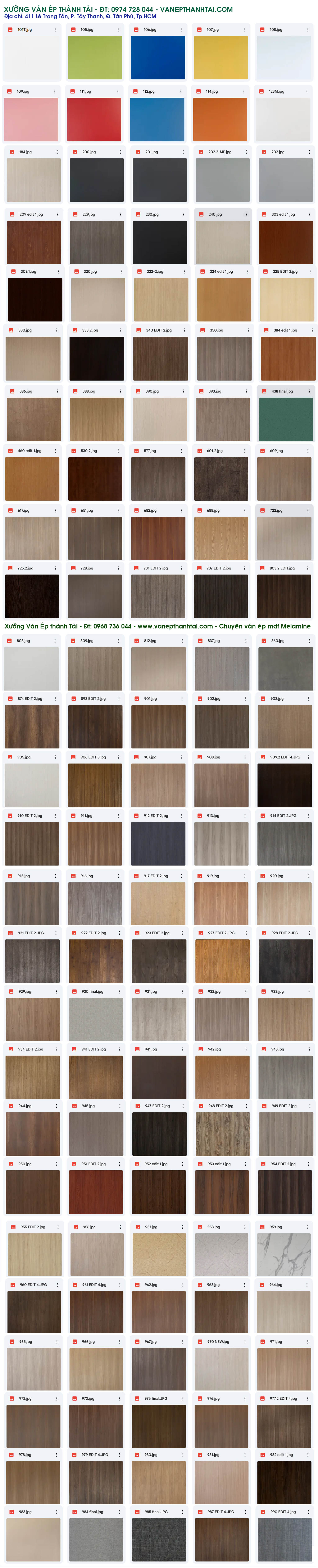 catalogue màu sắc ván MDF